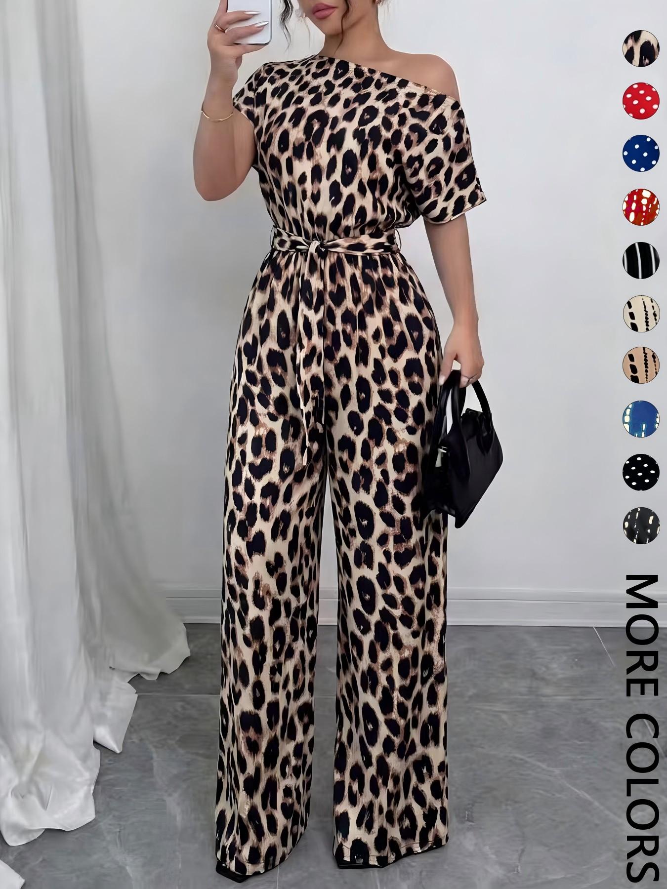 Women's All Over Print Tie Front Jumpsuit, Casual Asymmetrical Neck Jumpsuit for Spring & Fall, Women's Clothes for Daily Wear