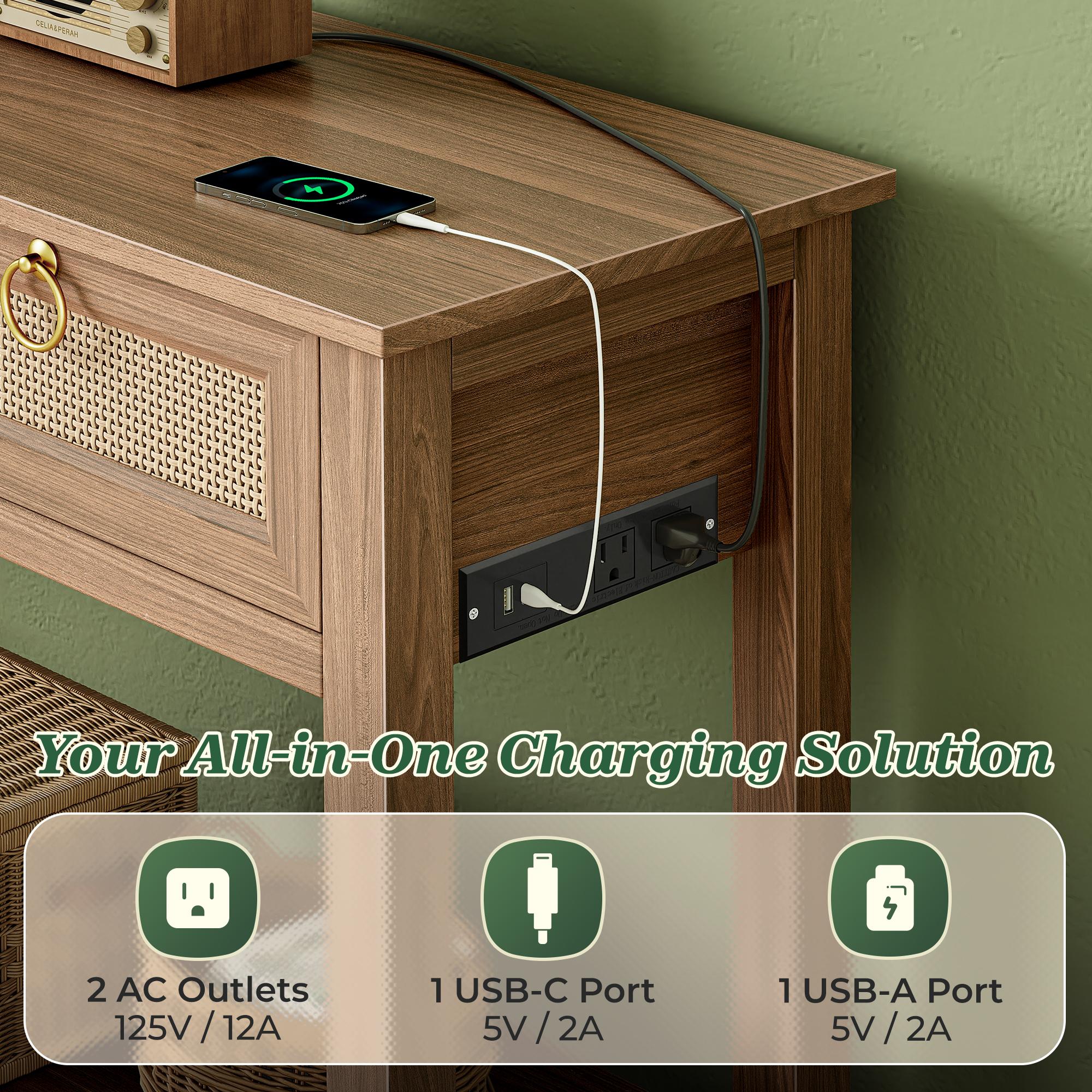 SUPERJARE Rattan Console Sofa Table with Outlets and USB-C Port, 3 Drawer Entryway Table with Synthetic Rattan Surface, Open Shelf, Behind Couch Entry Foyer Hallway Storage