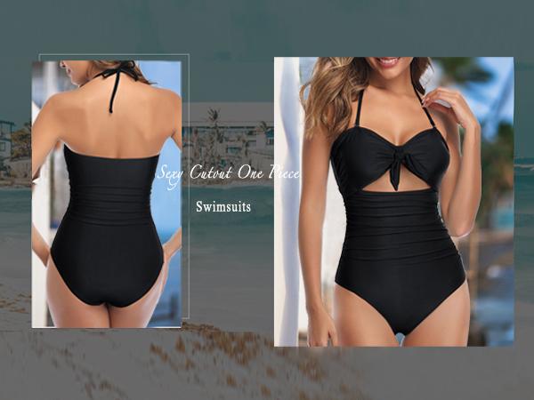 Tempt Me Women Sexy Cutout One Piece Swimsuits Tummy Control High Waisted Halter Front Tie Knot Bathing Suit Plus Size Full Coverage Swimsuit for Women