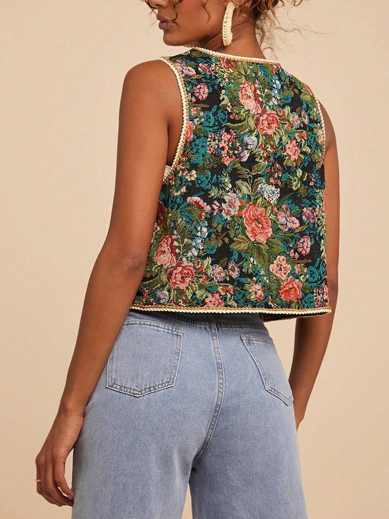 Women's Floral Pattern Tie Front V Neck Vest, Boho Sleeveless Outerwear for Beach Vacation Holiday, Ladies Clothes for All Seasons