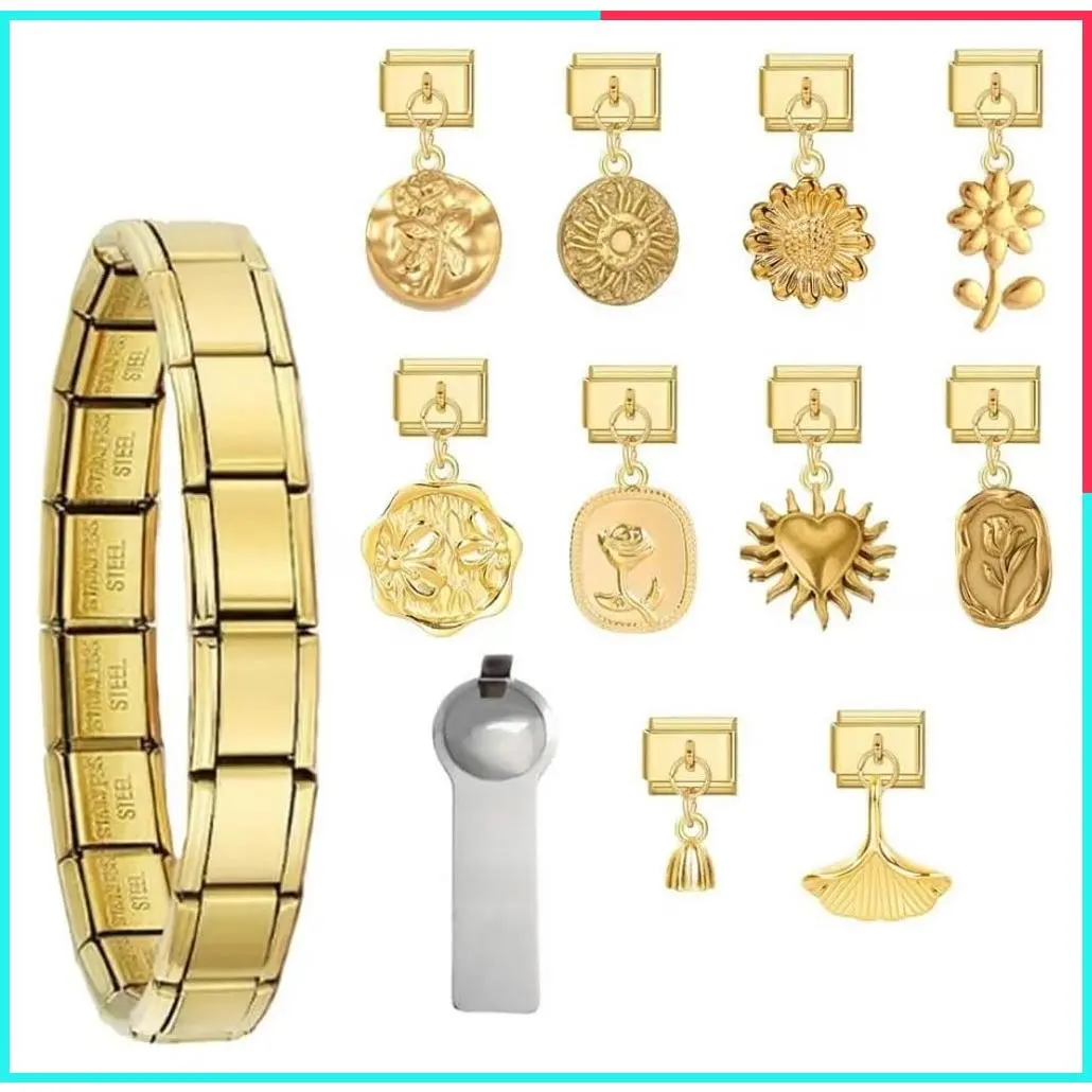 Gold Italian Charm Bracelet Kit for Women – 9mm Modular Link Bracelet with Assorted Charms, Starter Bracelet & Opening Tools, DIY Handmade Jewelry (Flower 149)