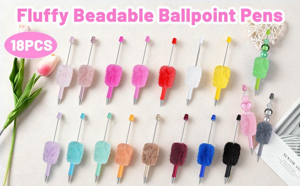18-Piece Fluffy Beadable Retractable Ball Point Pens, 18-Color Cute Plastic Beaded Black Ink Writing Tools, DIY Office School Supplies, Christmas Unique Gifts for Colleagues, Assorted Pens & Refills, Ball Point Pens & Refills