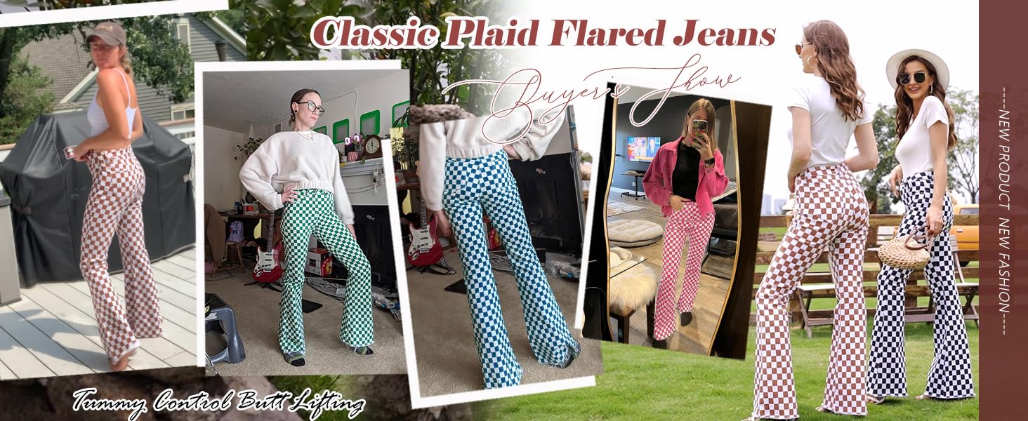 Odefou St. Patrick's Day Checkered Women’s Flare Jeans Spring Womeswear Stretchy Denim High Waist Plaid Bell Bottom Pants Football Game Outfit Slim Fit Retro Streetwear Y2K Party Casual Trouser Gifts for Wife