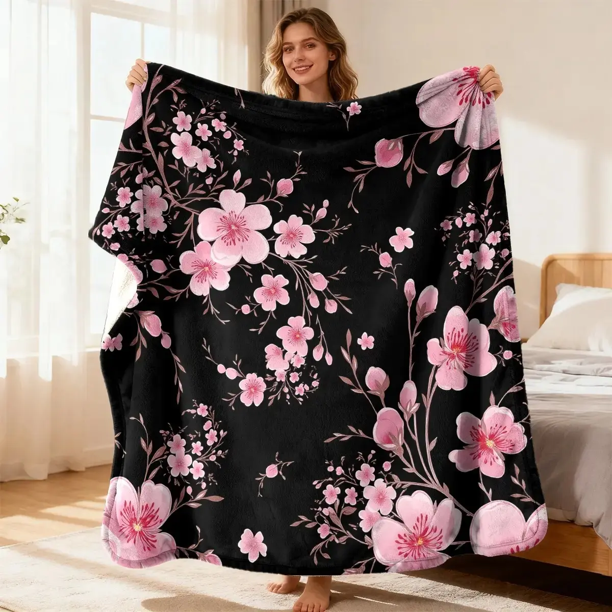 Fluffy Cherry Blossoms Flannel Throw Blanket - Soft, Warm, Durable, Black Background, Multi-Size Art Print Blanket for Bedroom, Sofa - Ideal Gift for Women on Birthday, Housewarming Home Decor Essential, Fluffy Blankets, Softness,