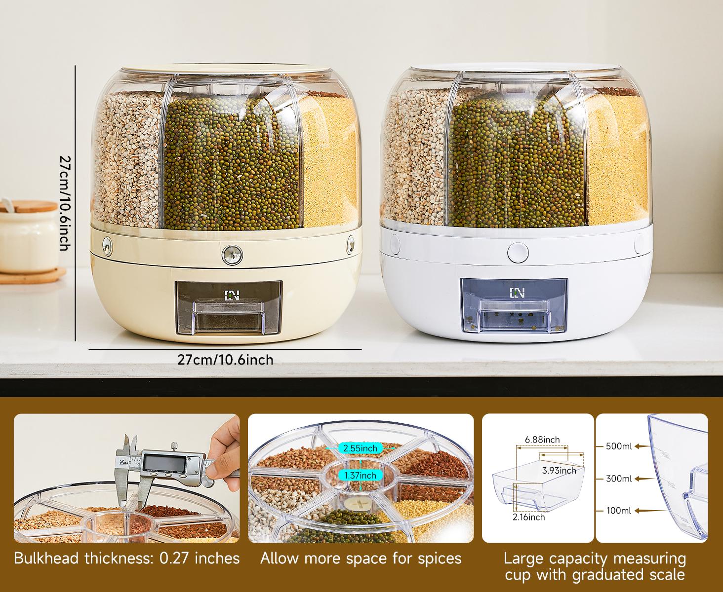 UFORU Moisture-Proof Grain Dispenser with lid, Proof & Insect-Proof, Durable Plastic,360°Rotating Design, Multi-GridGrain Storage Container Perfect for Rice, Grains, Cereals, Flour, Pet Food & Mini Candies FathersDayGift Kitchen Gadgets Kitchenware Home