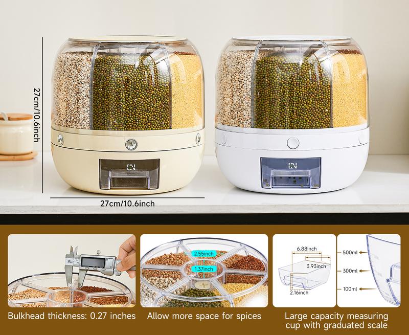 UFORU Moisture-Proof Grain Dispenser with lid, Proof & Insect-Proof, Durable Plastic,360°Rotating Design, Multi-GridGrain Storage Container Perfect for Rice, Grains, Cereals, Flour, Pet Food & Mini Candies FathersDayGift Kitchen Gadgets Kitchenware Home