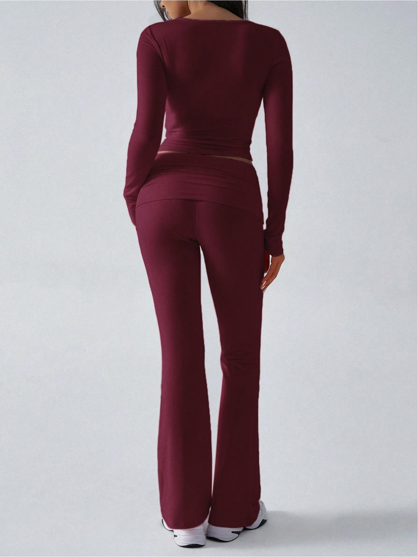 Women's 2/6 Piece Matching Set Long Sleeve Deep V Neck Crop Top and Foldover Flare Leggings Yoga Outfit Flare Pants Tracksuit