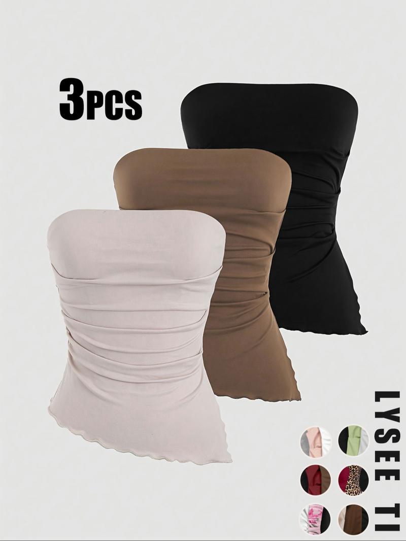 26 Valentine's Day 3pcs Autumn/Winter Bottom Women's Casual Fashion Sports Multi Color Ear Edge High Elasticity Topless Tank Top Three Piece Set