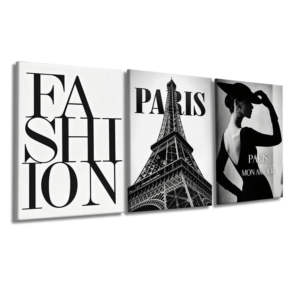 3 Pcs/Set Wooden-Framed Canvas Painting, Black White Minimalist Paris Fashion Eiffel Tower Elegant Lady Silhouette Three Panel Canvas Wall Art Living Room, Bedroom, Office Apartment Decoration, Modern Home Decor, Fashion Artistic Ornaments, Artwork