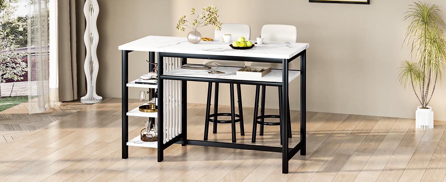 AWQM Set of 3 pub table and chairs, Modern White Faux Marble Table with 2 PU Cushion Bar Stools, Kitchen Counter with 3 Tier Storage Shelves, Space Saving Table for Home & Kitchen, Black Frame, Gold Frame