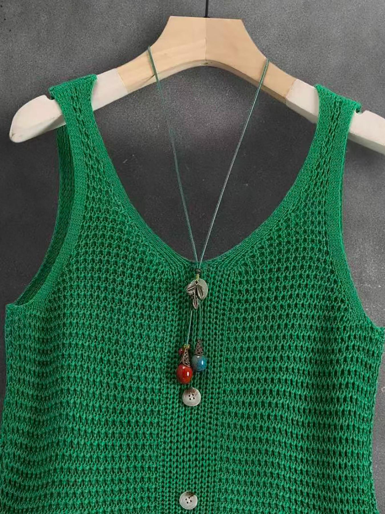 Women's Sleeveless V-Neck Knit Top, Summer Outerwear, Slimming Comfortable Loose Fit, Elegant Casual Design, Breathable Mesh Vest