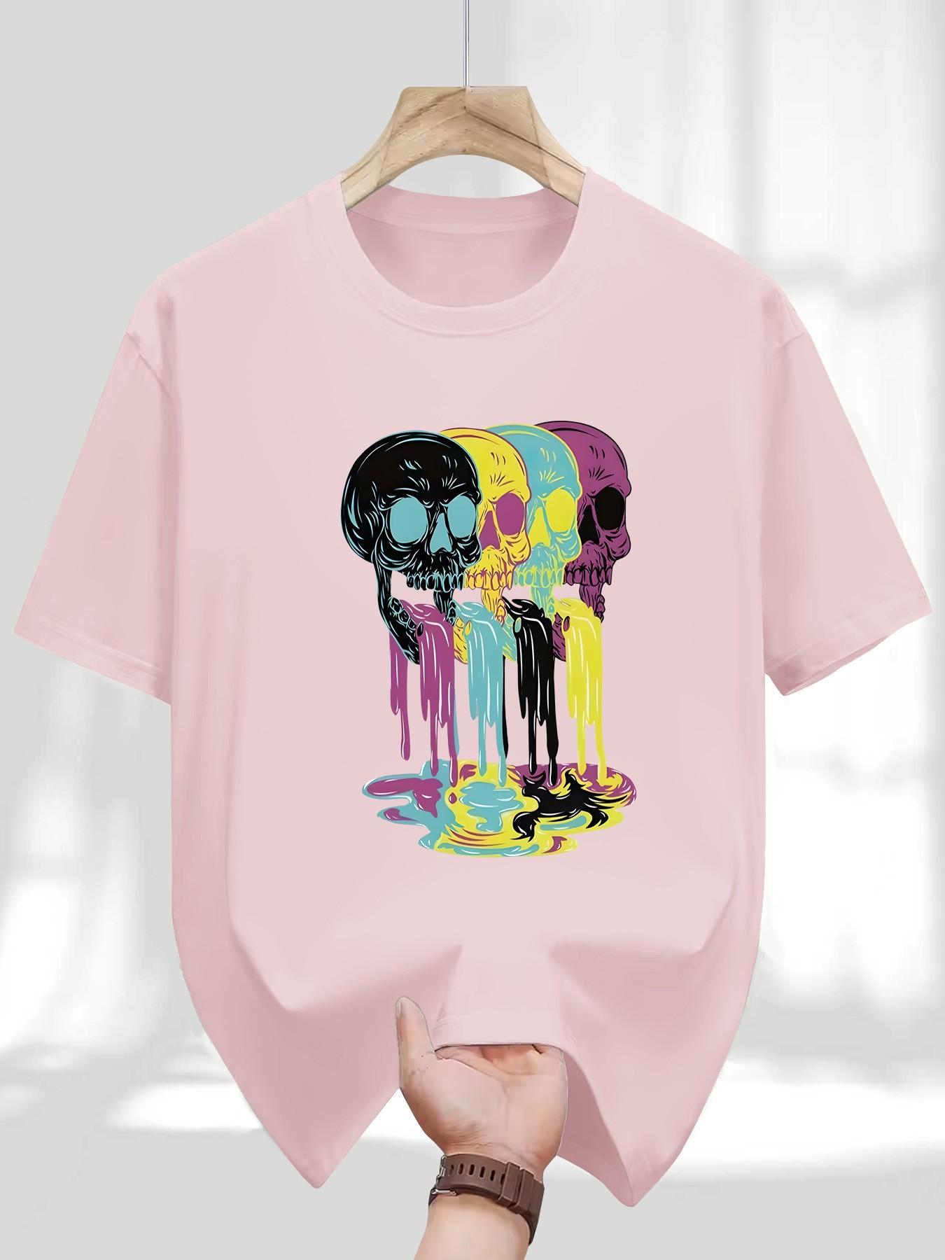 Men's Round Neck T-Shirt, Fashion Colorful Skull Geometric Print, Retro Religious Style, Casual Long Sleeve, Perfect for Daily Wear
