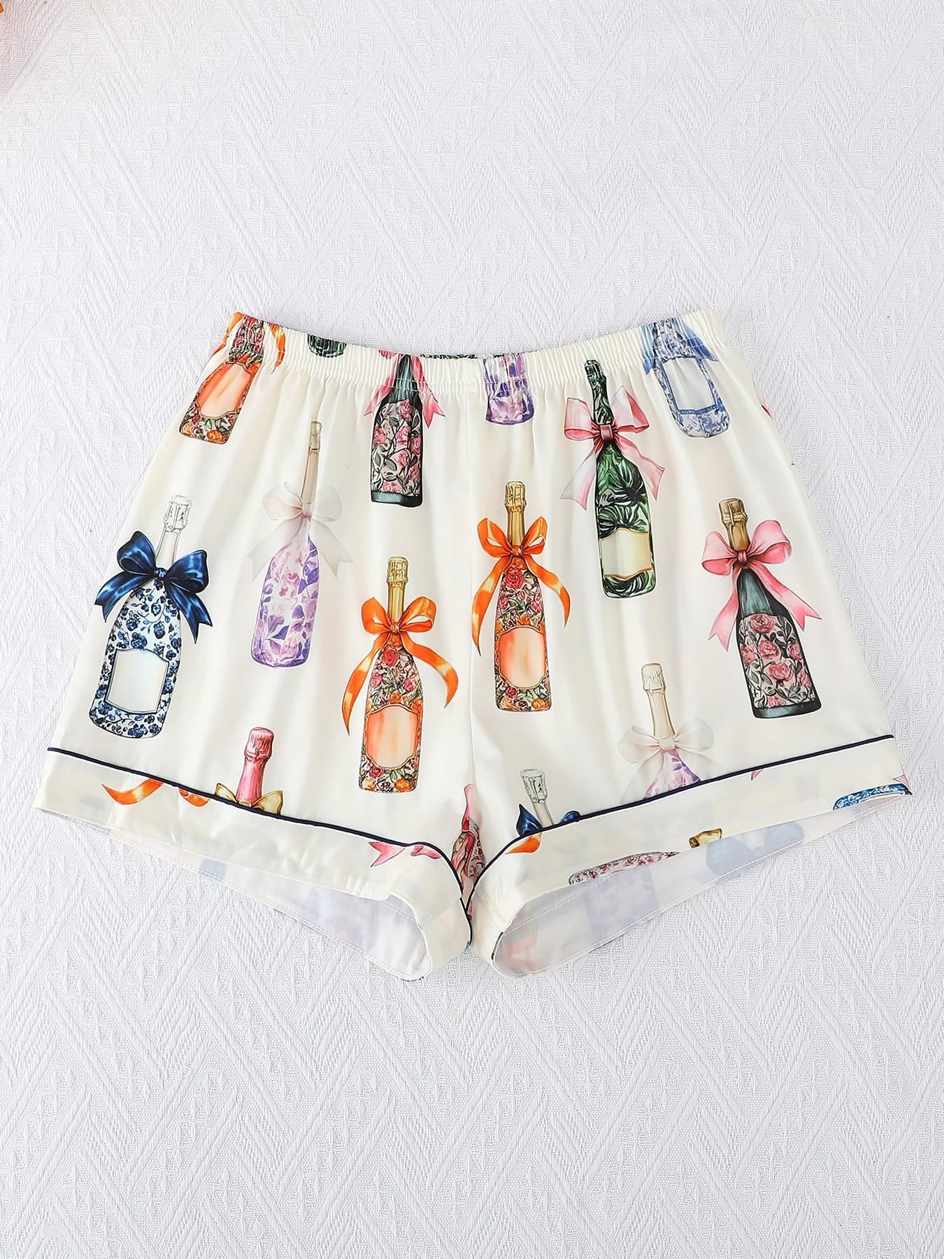 Three Pieces Pajama Set, Casual Women's Sleepwear, Cartoon Print, Fitted, All Seasons, Short Sleeve Top and Comfortable Pants