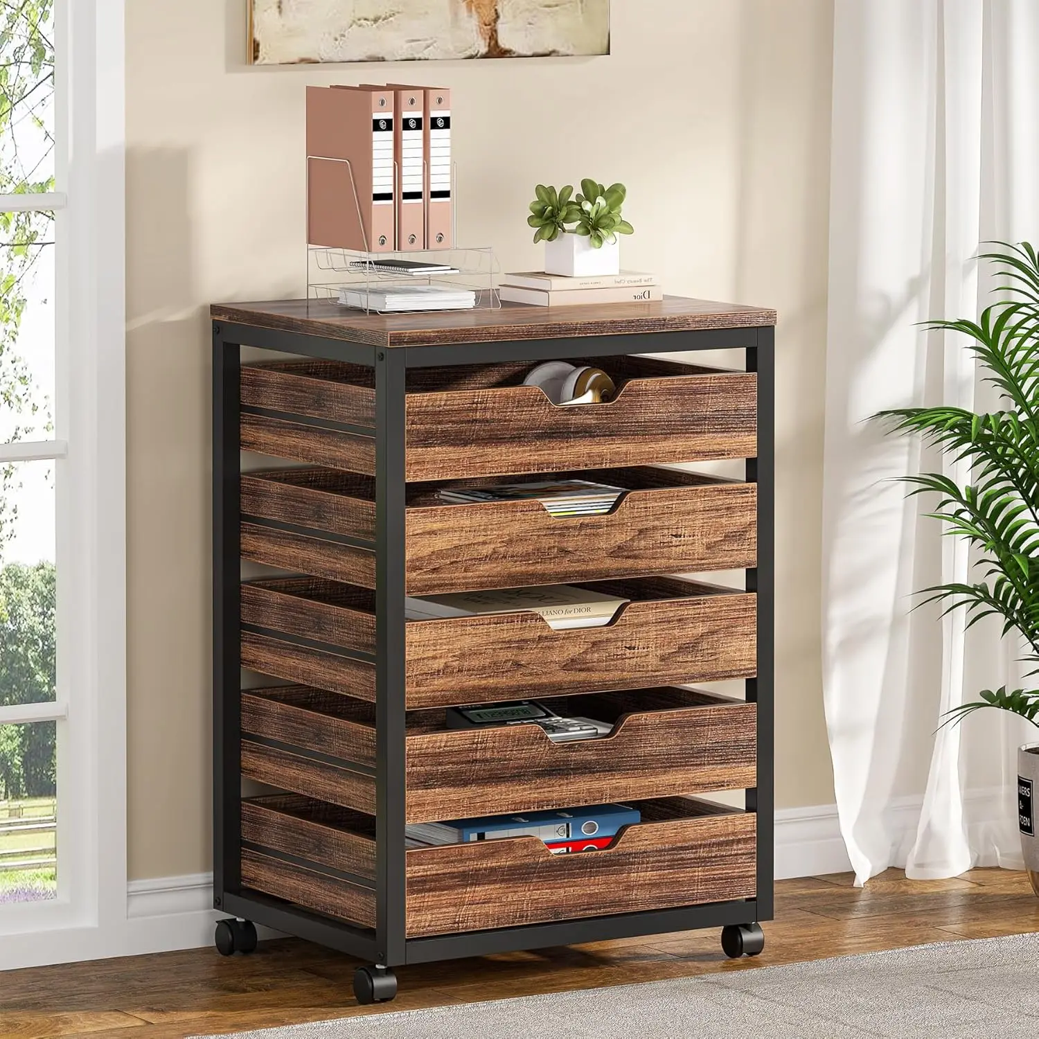 LustreC 5-Drawer File Cabinet, Wood Mobile Storage Drawer Unit, Industrial Office Cabinet with Drawers & Wheels, Rolling Printer Stand for Home Office (Rustic Brown)