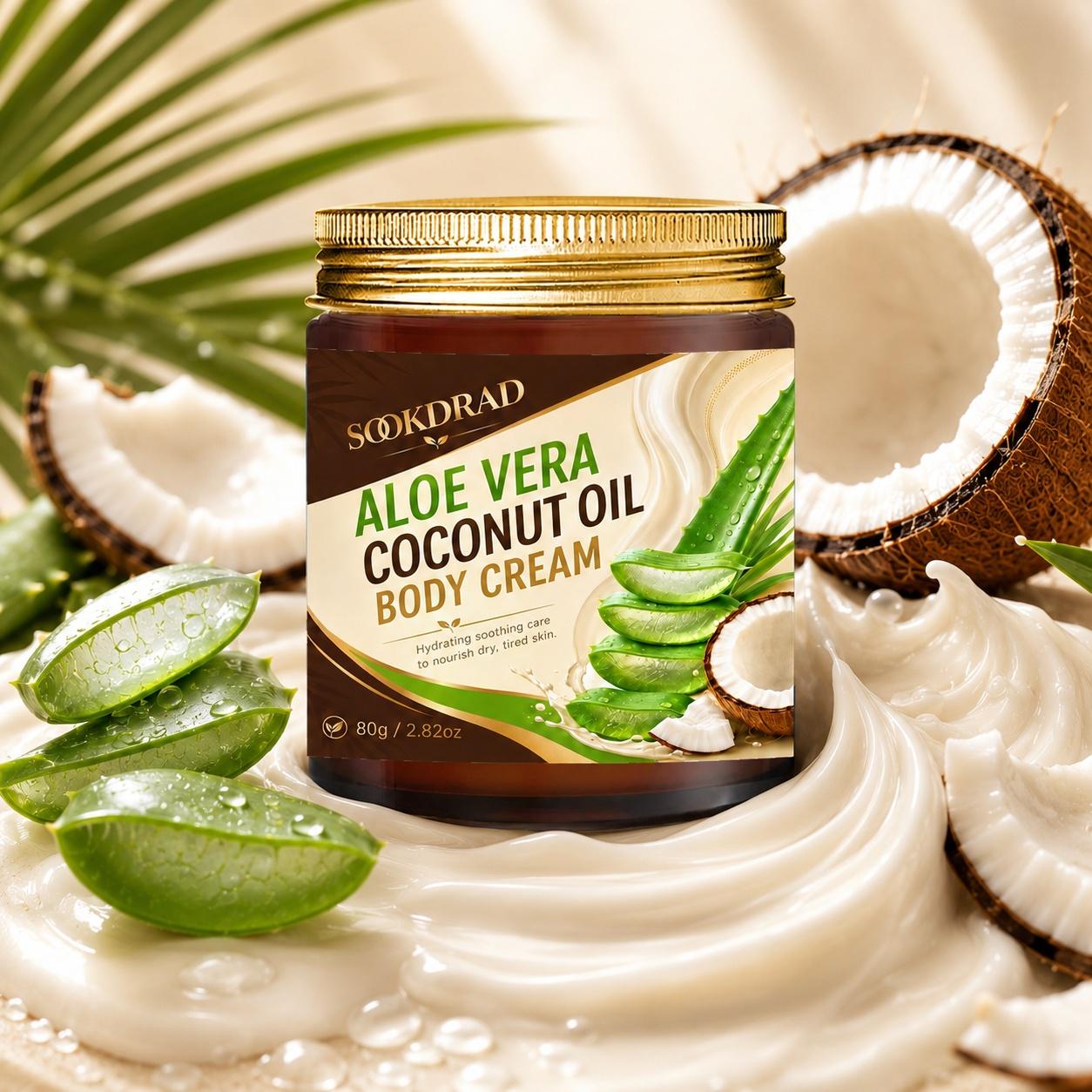 Aloe Vera Coconut Oil Body Cream, Hydrating, Soothing, Nourishing, Suitable for dry tired skin, 80g/2.82oz, Hydrating Body Care