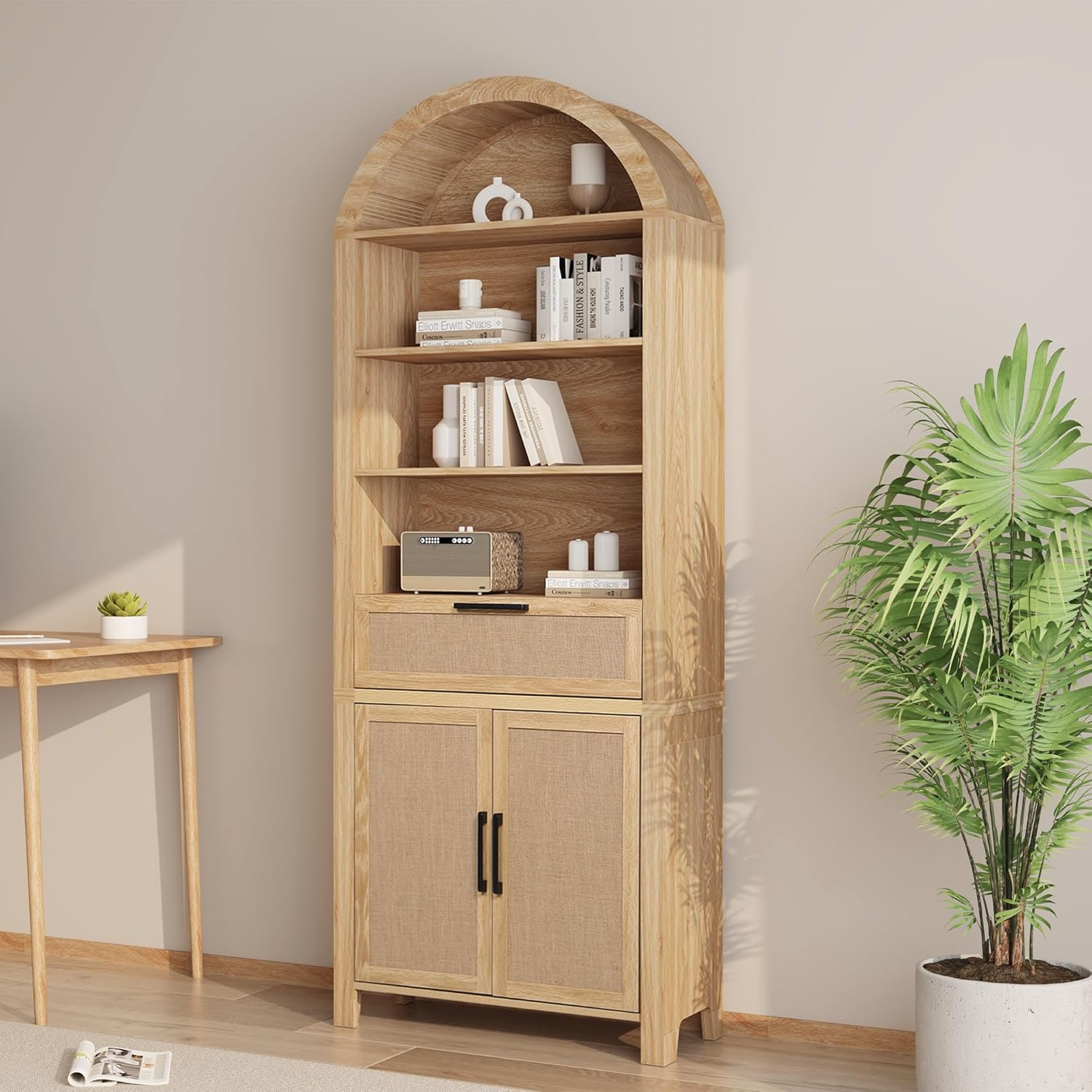 Giratree 79" Tall Arched Bookcase with Storage, Mid Century Modern 6-Tier Cabinet with Door and Drawer, Arched Bookshelf with Open Display Shelf for Office Living Room kitchen storage cabinet