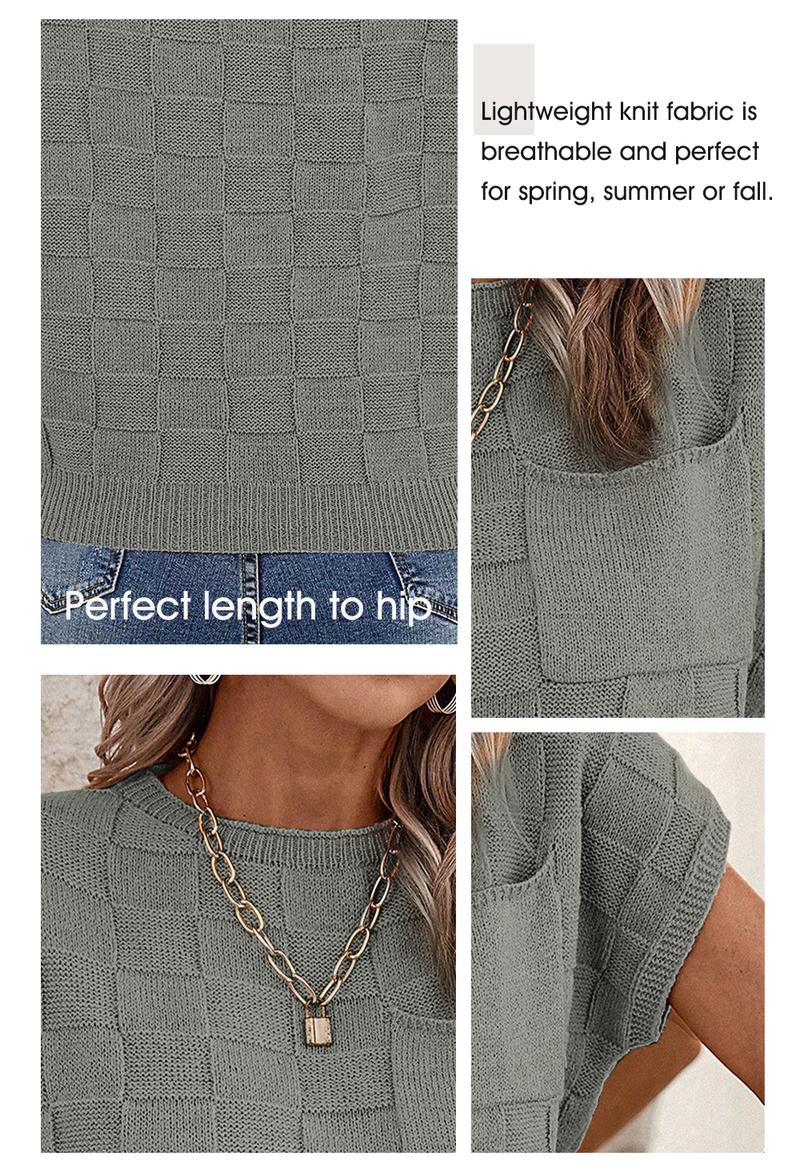 Shewin 2026 Spring/Summer Women's Cap Sleeve Sweater Vest Casual Crewneck Knit Short Sleeve Tops Lightweight T Shirts with Pocket Womenswear Fitted Basic Batwing Sleeve - Shortsleeve