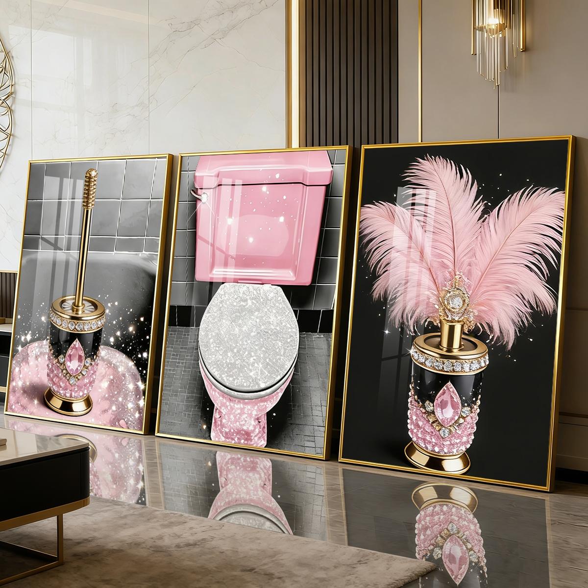 3 Counts Aluminum Alloy Framed Painting, Luxury Pink Diamond Feather Toilet Brush Set Pictures, Home Decoration For Living Room, Bedroom, Office, Restaurant, Hallway Wall Decor, Odorless Print Artwork, Luxury Perfect Gift For Friends And Family