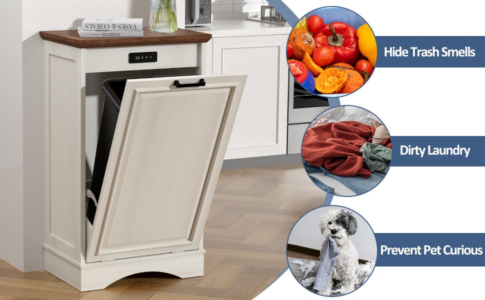 【Does Not Include Trash Can】AHB 13 Gallon Tilt Out Trash Cabinet Kitchen Waste Bins, Tilt-Out STORAGE Cabinet with Deodorizing Function for Kitchen Living Room, Antique White Storage Garbage Cabinet