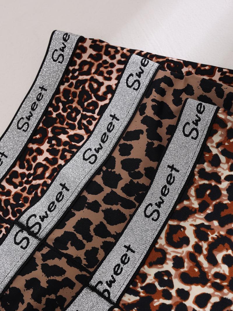 Women's Leopard & Plain Print Contrast Letter Tape Boxer Brief, Soft Comfy Breathable Panty for Daily Wear, Underwear for All Seasons, Casual Breathable Knicker