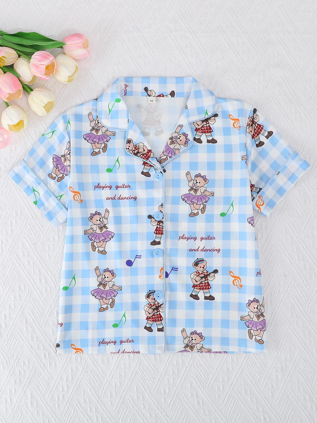 2-Piece Kids' Fire-Resistant Pajama Set, Short Sleeve Button Front Top & Shorts, Cartoon Bear Pattern, All Seasons, Boys & Girls