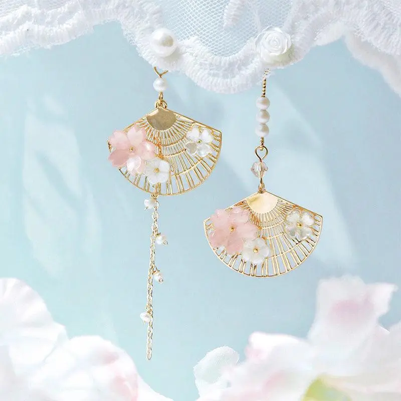 Women's 2025 Trendy Vintage Chinese Style Flower Fan Drop Earrings, Cute Asymmetrical Crane Cat Charm Jewelry, Daily Decorative Charm Earrings, 2025 New Trend, Chinese Style Earrings