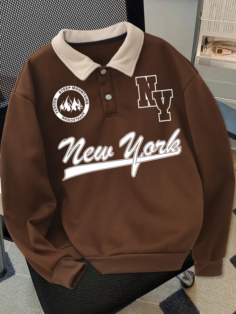 Unisex Y2K Style New York Letter Print Polo Sweatshirt, Thick Retro British Aesthetic Lamb Wool Collar Pullover for Streetwear Casual Wear Unisex Y2K Style New York Letter Print Polo Sweatshirt, Thick Retro British Aesthetic Lamb Wool Collar Pullover for Streetwear Casual Wear