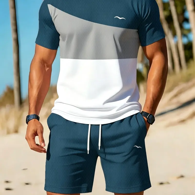 Men's Colorblock Short Sleeve T-Shirt Sporty Casual Set, Summer Beach Breathable Quick-Dry Top and Shorts Two-Piece, Summer Fitness Outfit, Athleisure Summer Clothes, Athleisure Wear Set, Quick Dry Outfits
