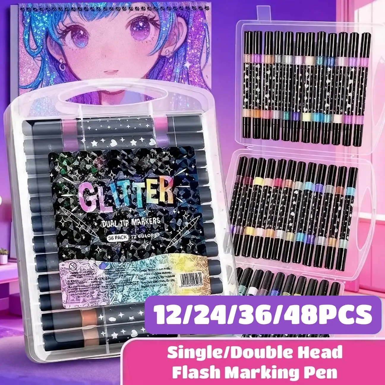 12/24/36/48 Colors Glitter Effect Brush Markers Set, Single-Tip Soft Color Shimmer Markers for Doodle Writing, Drawing, Glitter Art Crafts and DIY Greeting Birthday Card Making, Art Supplies