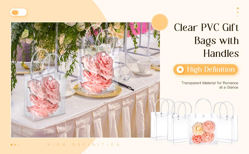 50 pcs Wedding Clear Plastic Gift Bags with Handles PVC Reusable Goodie Bags Transparent Totes Bags for Candy Flower Wedding Graduation Back to School End of Year Birthday Galentine Party