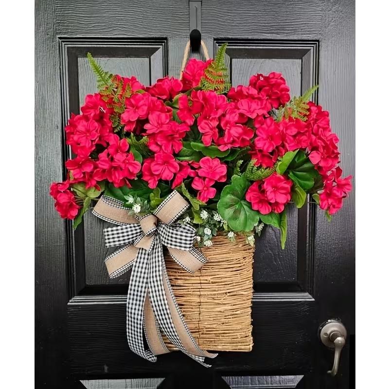 Spring Summer Geranium Artificial Flower Basket Wreath, Plaid Ribbon, Farmhouse Style Door Decor, Mother's Day Decoration