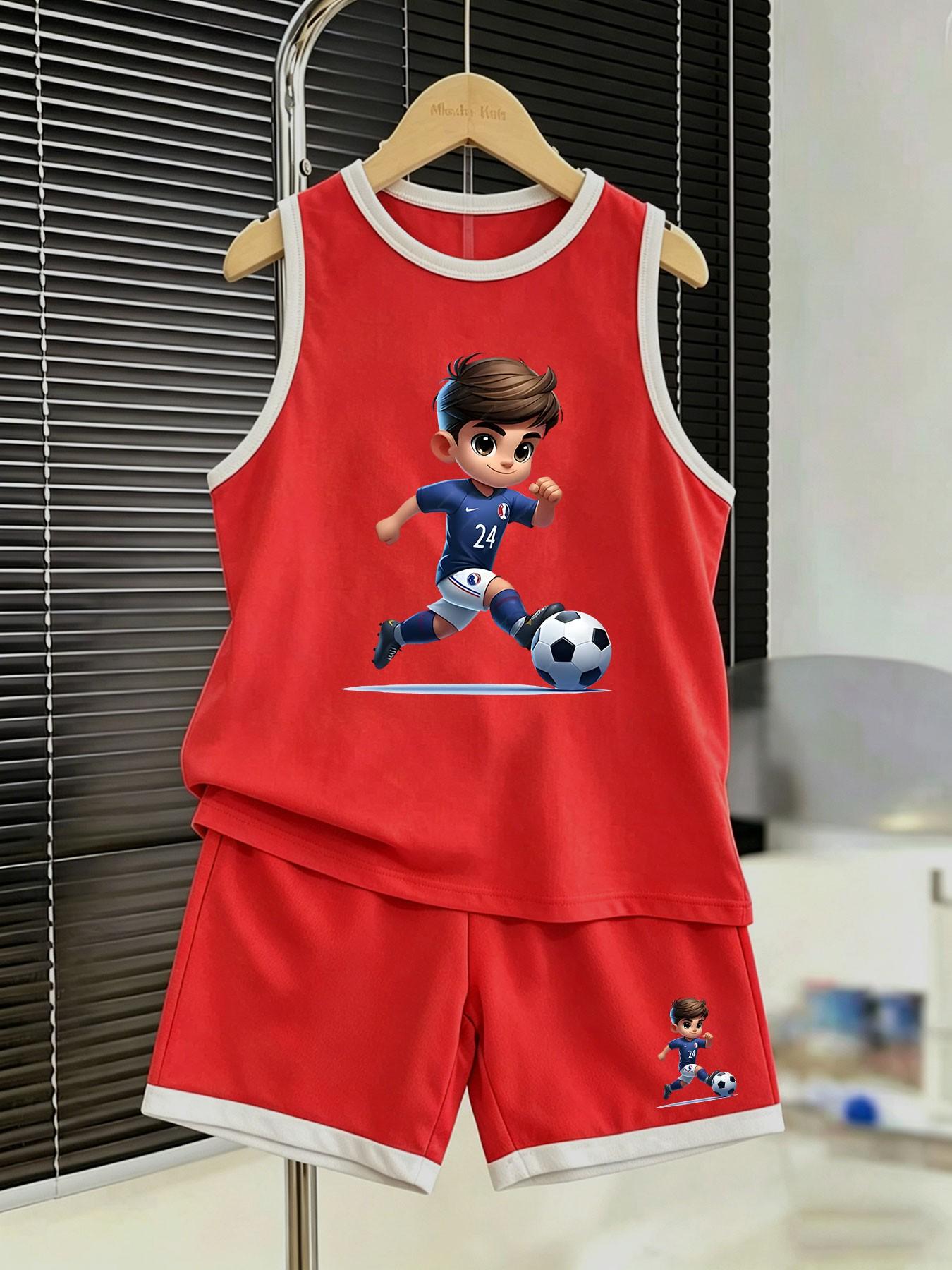 Summer Boys' Sport Set, Tank Top and Shorts, Cartoon Football Print, Loose-Fit, Sporty Style, Two-Piece for Kids