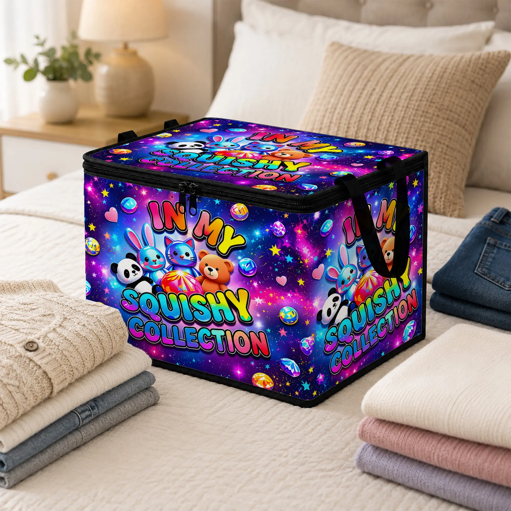 Colorful Squishy Collection Storage Box, Cute Animals and Galaxy Stars Design, Perfect for Organizing Your Favorite Items