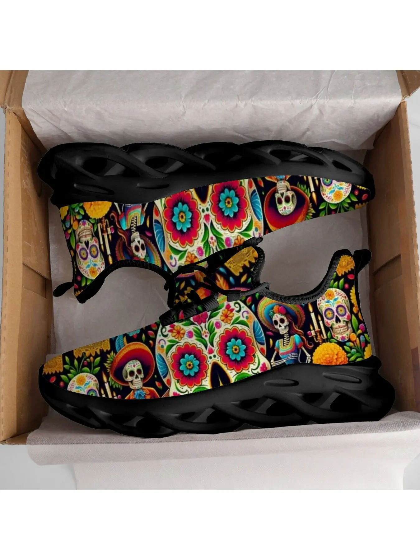 Mexico Day Of The Dead Sugar Skull  All Over Print Sneakers For Women Man Breathable Mesh Lace Up Shoes Shock Absorbing Non Slip Casual Walking Footwear Holiday Shoes Gift