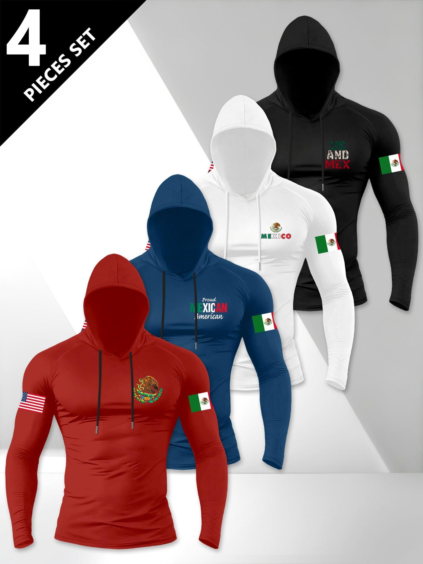Us & Mex Flag Print Hooded Long Sleeve T-Shirt, Men's Daily Fitness 4-Pack, Vintage Design Muscle Sport Top