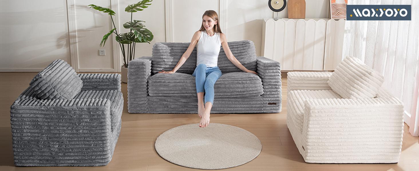 MAXYOYO Bean Bag Chair, Two-seat Bean Bag Sofa with Pillows and Armrests for Adults, Upholstered Loveseat Floor Sofa Couch Fluffy Chair Bean Bag Couch for Bedroom Living Room