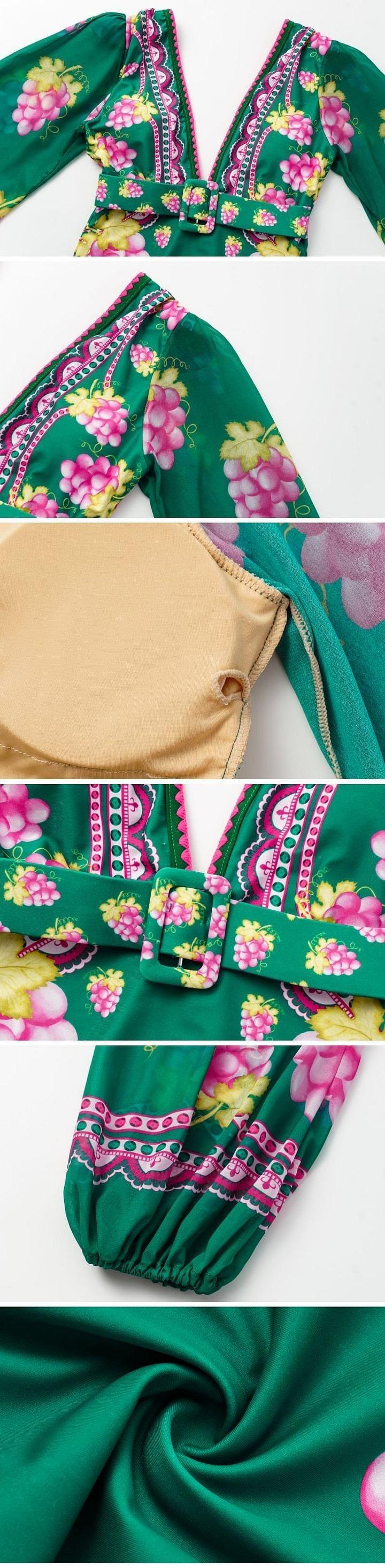 FLAXMAKER Women's Green Grapes Print V Neck One Piece Swimsuit and Matching Cover Skirt Set Beach Swimwear Swimdress Swimset Bathing Suit Stylish Beachwear #TikTokShopBlackFriday