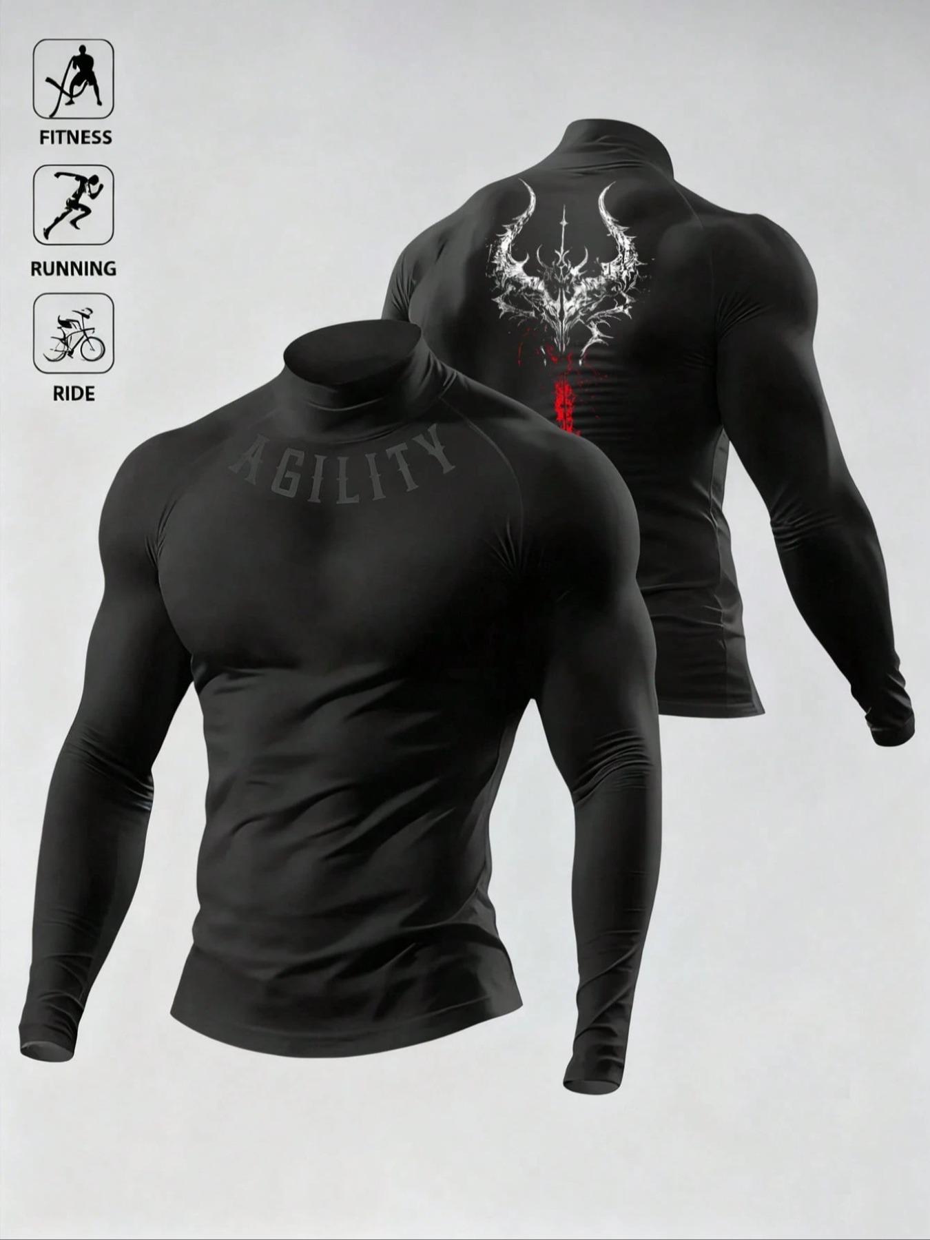 Men's Breathable Fitted Long Sleeve Compression Sports T-Shirt with High Neck Design, Fitness Long Sleeve T-Shirt