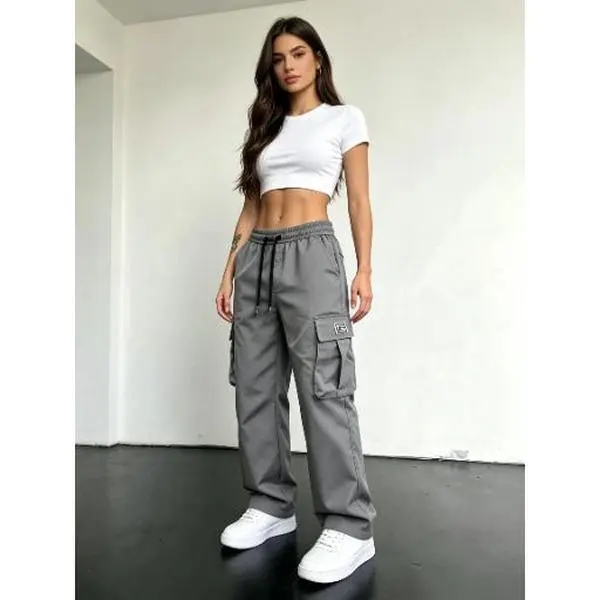 Women Elastic Drawstring Waist Cargo Casual Pants, High‑Waist Wide‑Leg Baggy Cargo Trousers with Multi Pockets, Y2K Street‑Style Casual Work Pants for Daily Commute Outfits