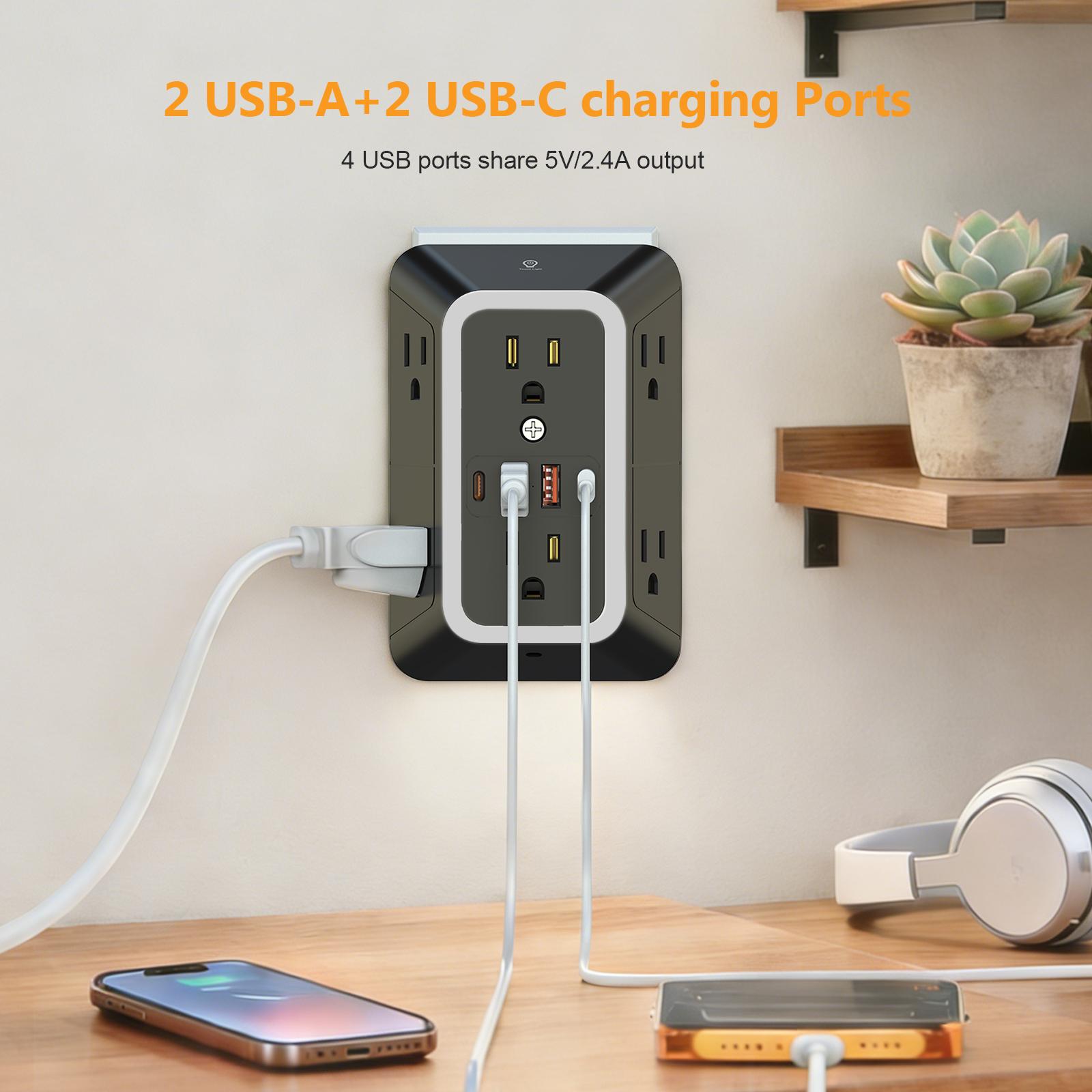 3-Pack Wall Outlet Extender Surge Protector with Night Light, 6-Outlet Power Socket Extender with 4 USB Ports (2 USB-C), 3-Sided Multi Plug Wall Adapter, Multifunctional Power Strip for Home, Office, Kitchen and Travel