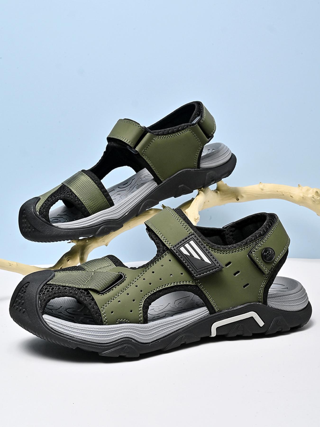 Men's beige solid color dual-use closed-toe outdoor sandals, adjustable with Velcro, non-slip beach shoes, breathable stream sandals