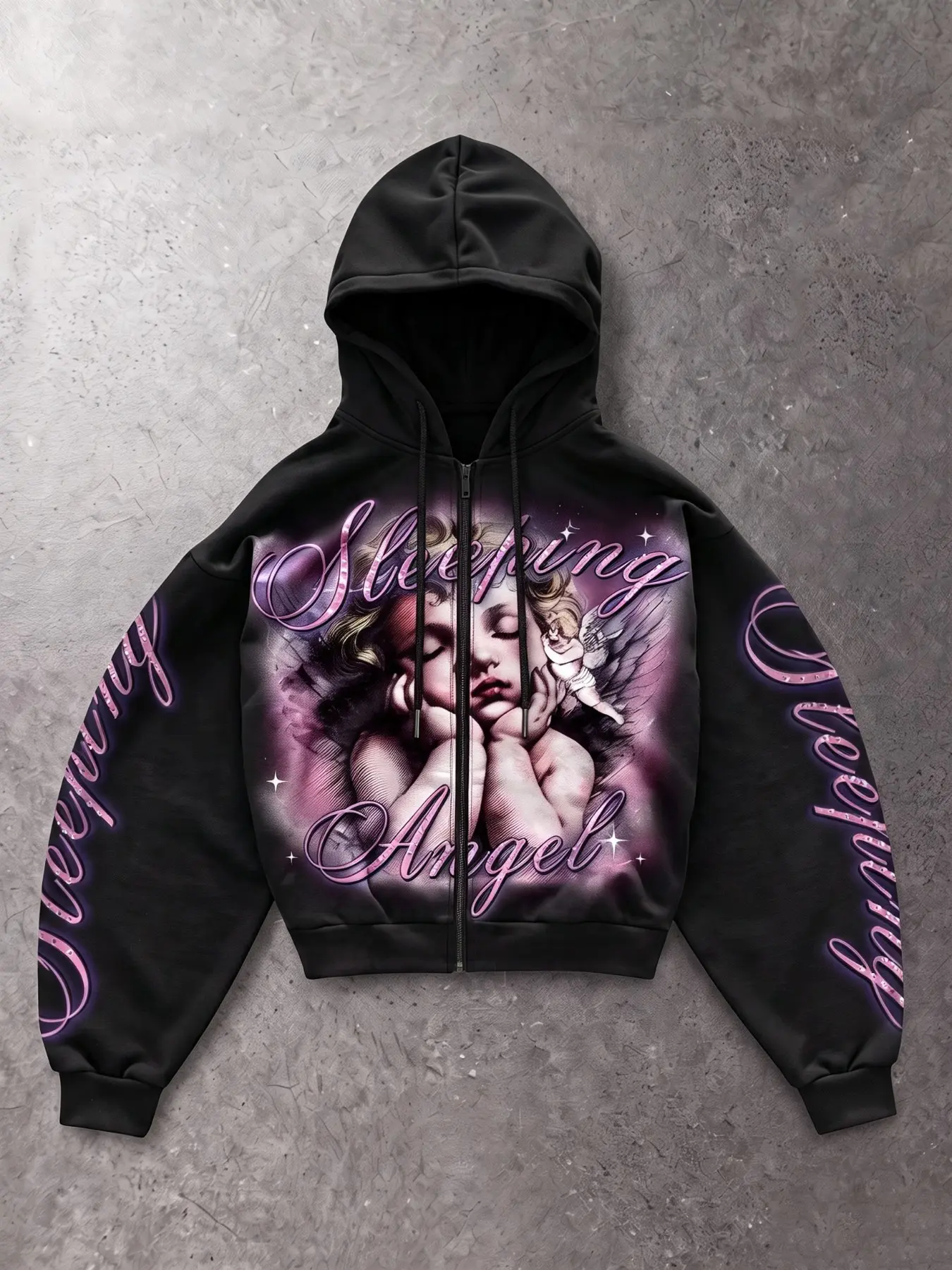 Men's Black Oversized Zip-Up Hoodie, Casual Streetwear Jacket with "Sleeping Angel" Neon Print, Retro Y2K Streetwear Outerwear for Fall, Campus Looks, Casual Outings, Parties, Travel, Night Outs, and Relaxed Y2K Aesthetic Styling