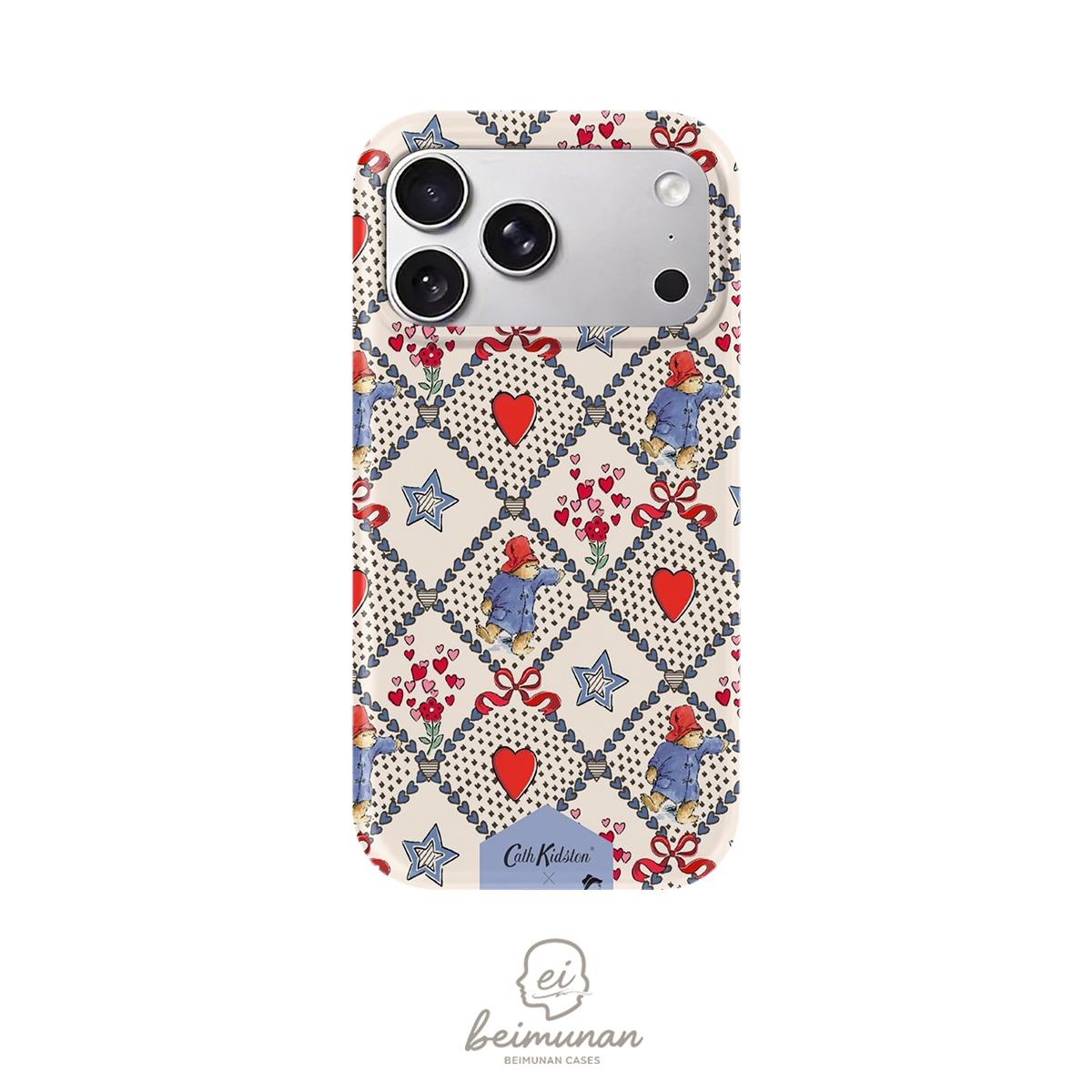 Paddington Bear with Hearts Stars Bows Watercolor Pattern Print Phone Case,Suitable for iPhone 17 16 15 14 13 12 Pro Max, Samsung Galaxy S25 S24 S23 S22 Ultra series holiday gift simple and fashionable protective case