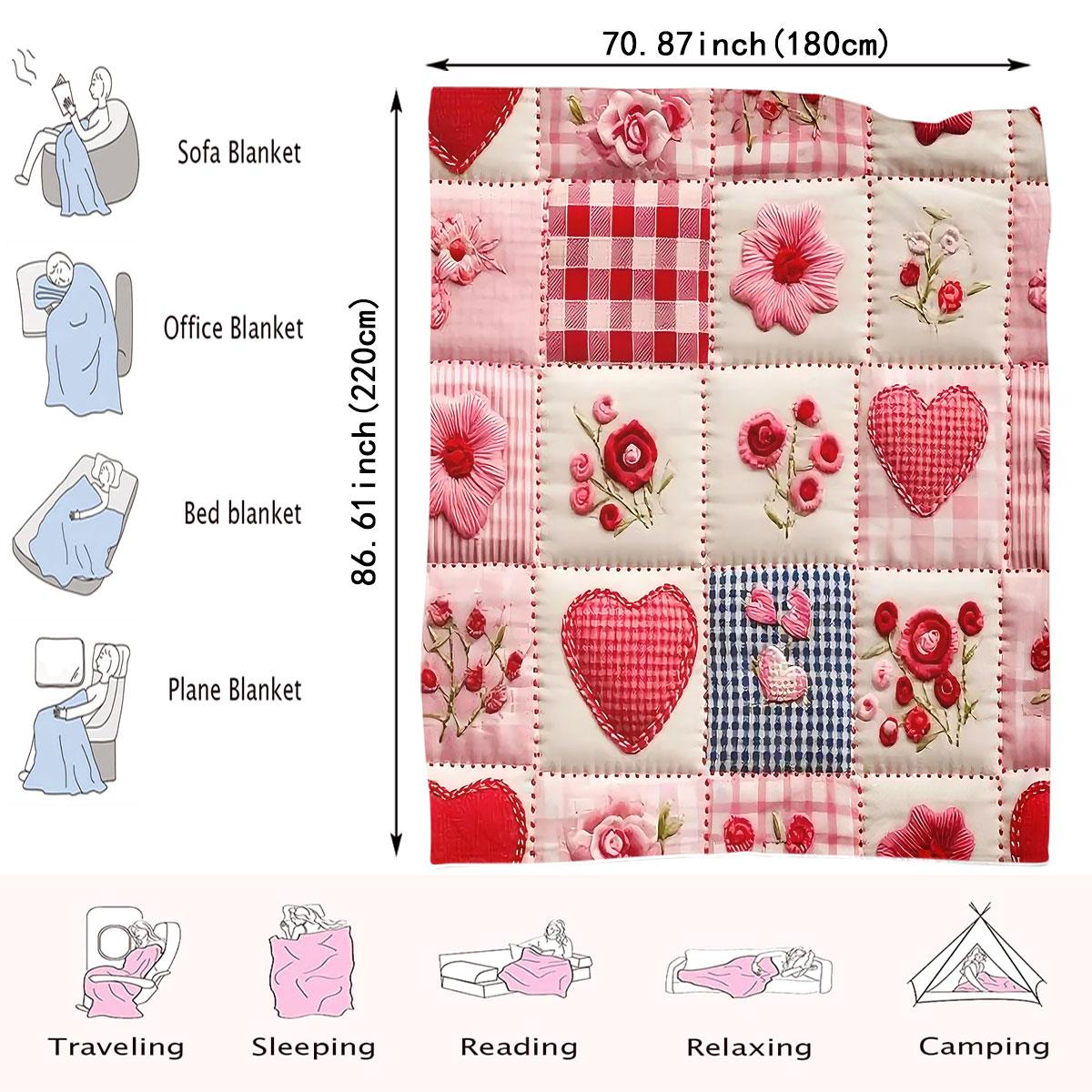 Valentine's Day Heart Plaid Digital Print Flannel Blanket, Soft Comfortable Sofa Bed Throw, Office Nap Shawl, Outdoor Sports Multi-Purpose Blanket
