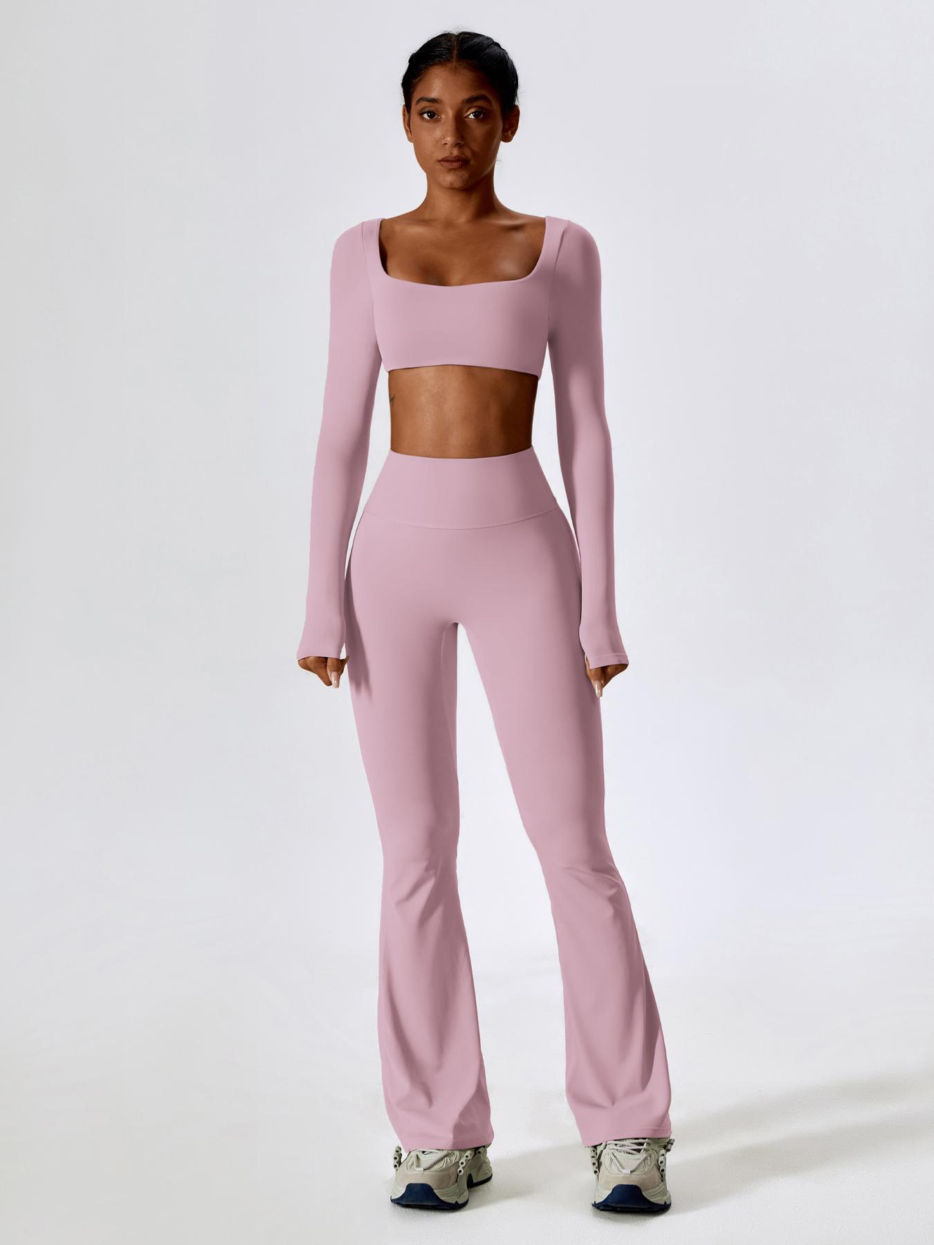 Women's Solid Square Neck Crop Top & High Waist Flare Leg Pants Set, Sporty Comfy Breathable Long Sleeve Top & Bell Bottom Trousers Two/Four-piece Outfits for Yoga Workout, Ladies' Clothes for All Seasons, Gym Wear, Sweatsuit Set