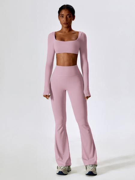Women's Solid Square Neck Crop Top & High Waist Flare Leg Pants Set, Sporty Comfy Breathable Long Sleeve Top & Bell Bottom Trousers Two/Four-piece Outfits for Yoga Workout, Ladies' Clothes for All Seasons, Gym Wear, Sweatsuit Set