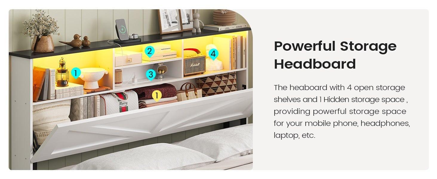 Sikaic Farmhouse Queen Bed Frame with 4 Storage Drawers and Led Lights, Wooden Bed, White Bedroom Bedframe Platform Bedframe