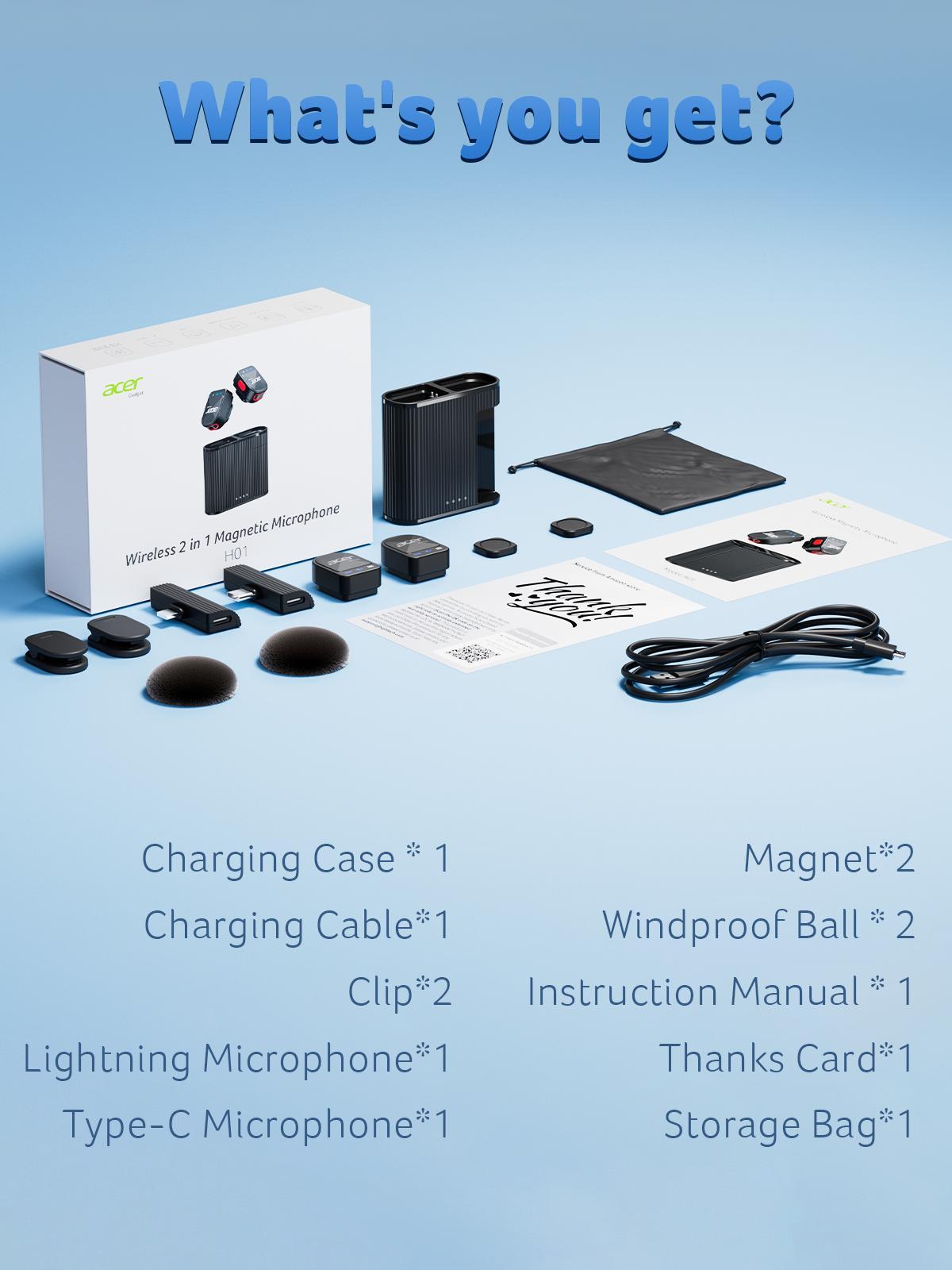 Acer Gadget H01 Wireless Lavalier Microphone for iPhone Android PC Laptop Portable Mini Clip on Mic with Lightning USB C Plug 48KHz 24Bit Noise Cancellation 24H Battery for Video Recording Vlogging Streaming Outdoor - Audio