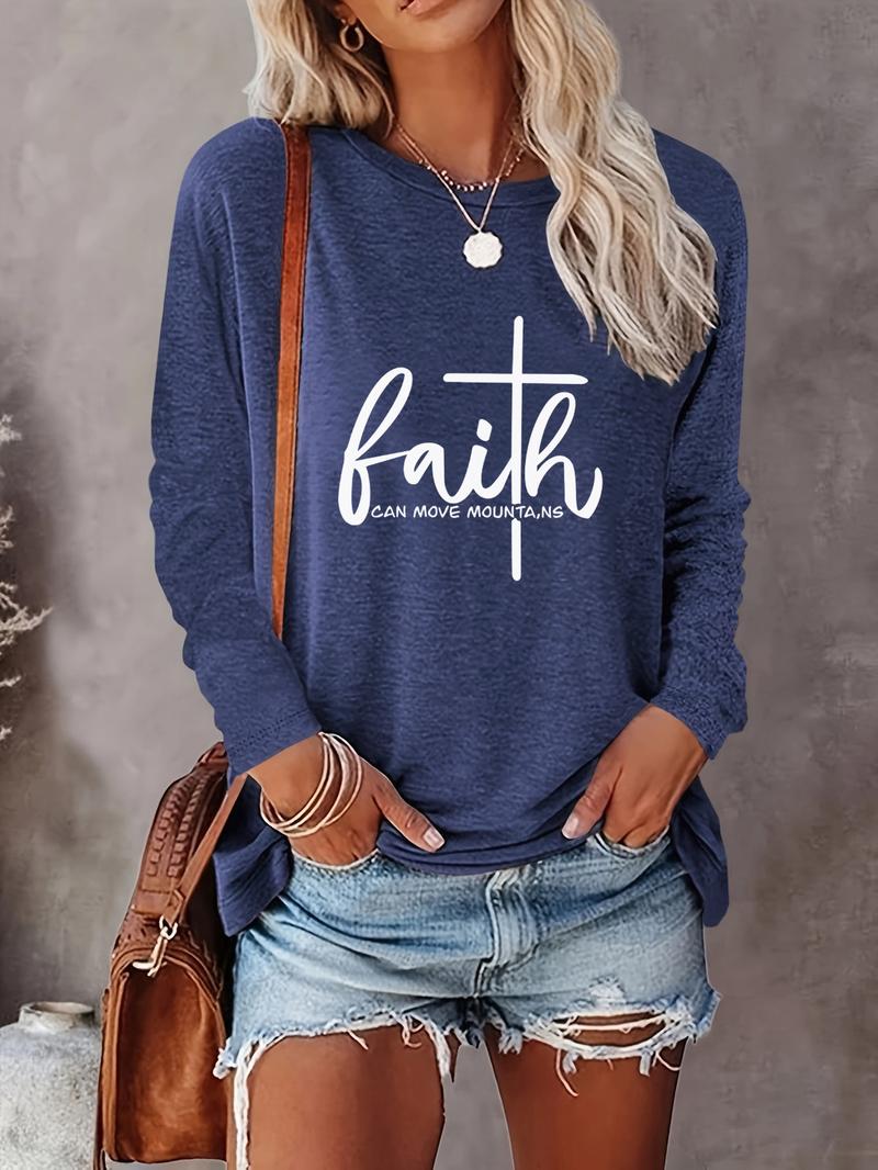 Women's Letter Print Round Neck Tee, Casual Long Sleeve T-shirt, Women's Spring & Fall Top for Daily Wear