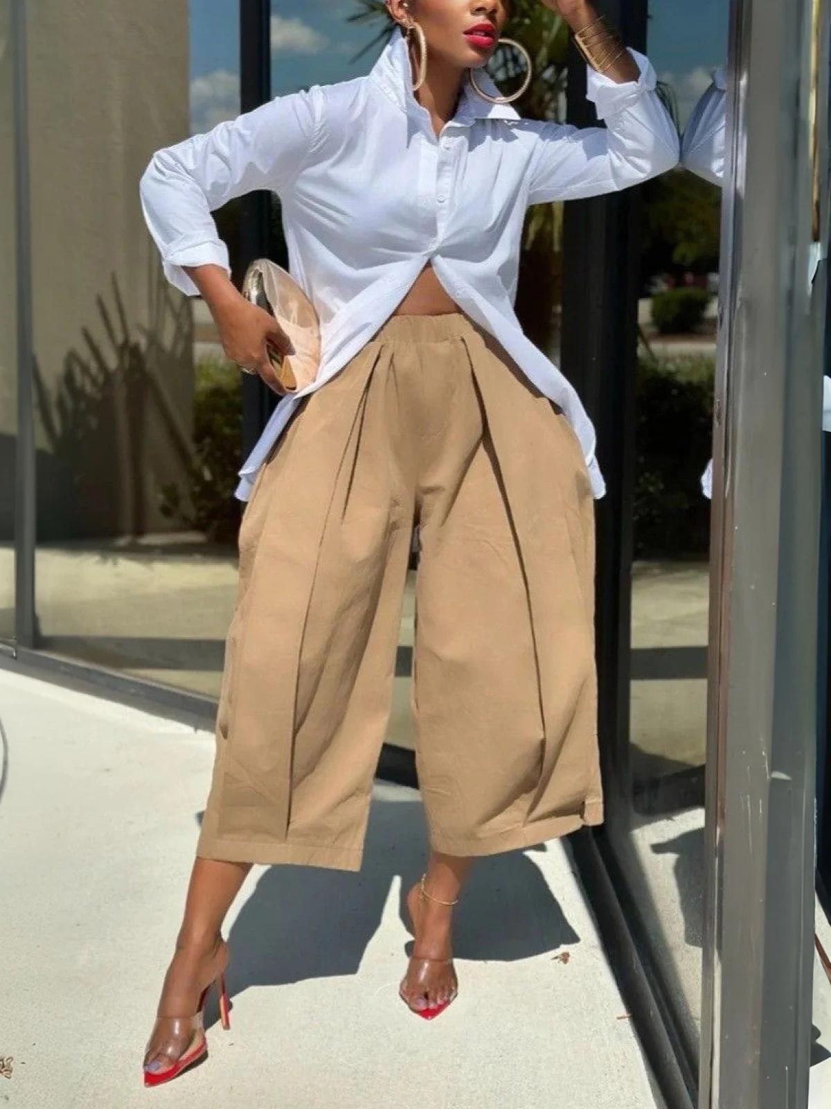 Women Elastic Waist Wide Leg Cropped Pants, Solid Color Loose 9‑Ankle Length Trousers With Pockets, Casual Daily Summer Palazzo Pants